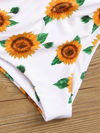 Girls Sunflower Knot High Waisted Bikini Swimsuit