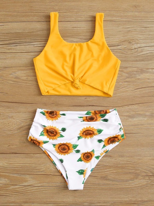 Women Sunflower Swimsuit Bikini Bra + High Waist Briefs Set