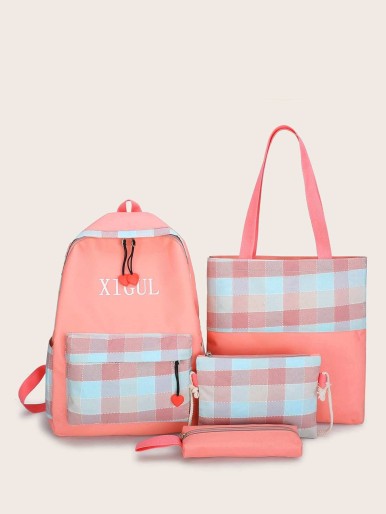 Girls Plaid Pattern Backpack With Pencil Case