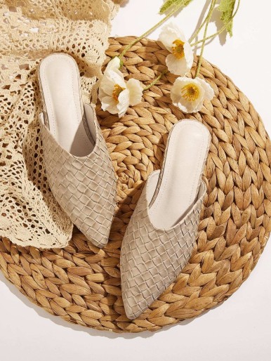 Point Toe Woven Detail Flat Mules