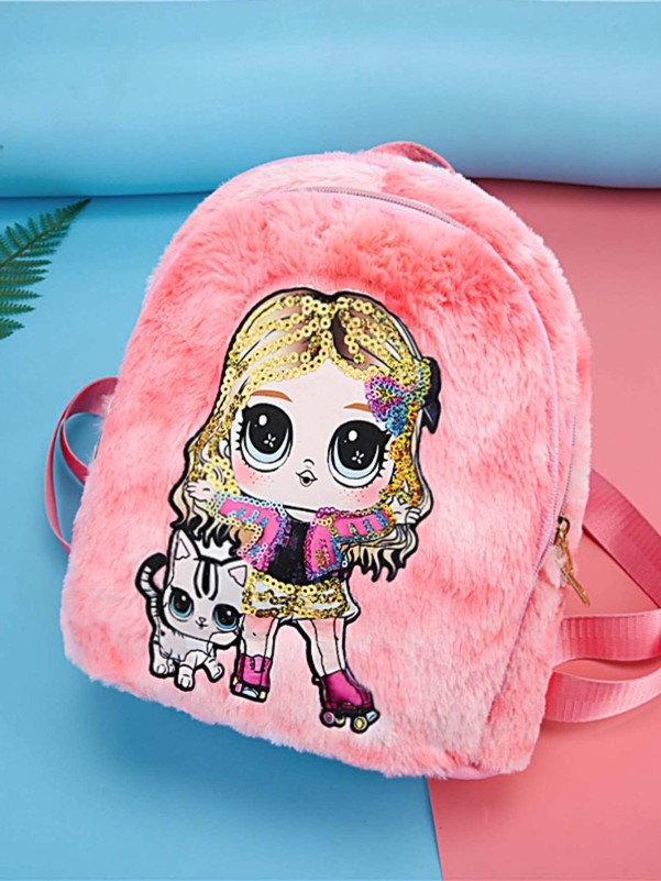 Girls Sequins Decor Figure Graphic Backpack