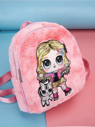 Girls Sequins Decor Figure Graphic Backpack