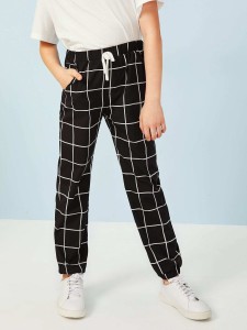 Boys Drawstring Waist Grid Print Pants