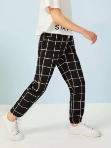 Boys Drawstring Waist Grid Print Pants