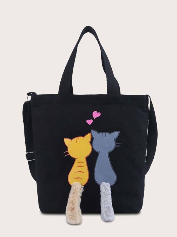 Girls Cat Graphic Canvas Tote Bag