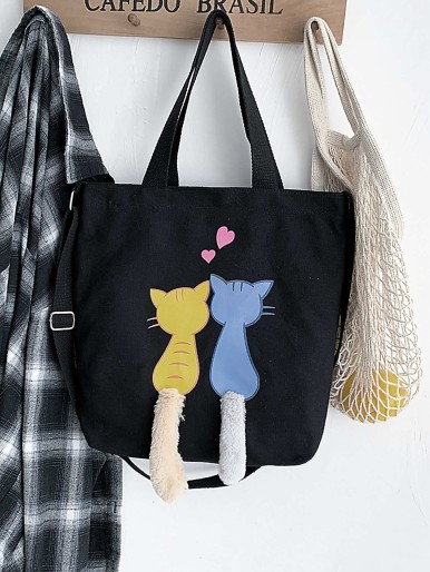 Girls Cat Graphic Canvas Tote Bag