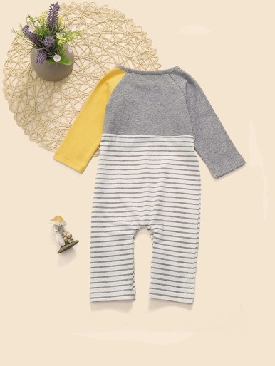 Baby Cartoon Print Striped Jumpsuit
