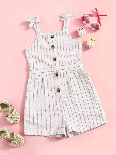 Girls Knot Strap Button Front Striped Romper