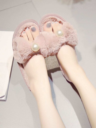 Faux Pearl Decor Bow Slippers