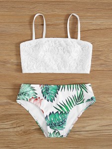 Toddler Girls Tropical Print Floral Lace Bikini Swimsuit