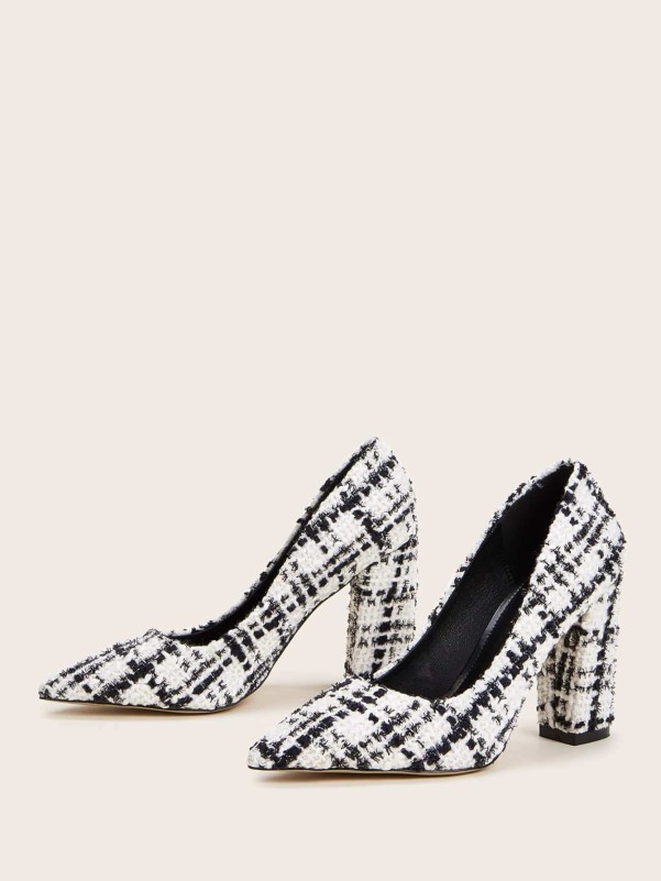 Point Toe Plaid Tweed Chunky Heels