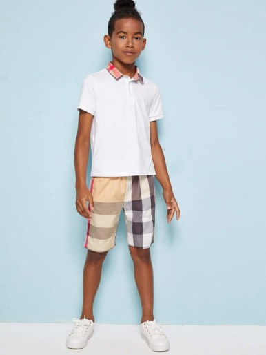 Boys Contrast Collar Polo Shirt & Plaid Shorts Set