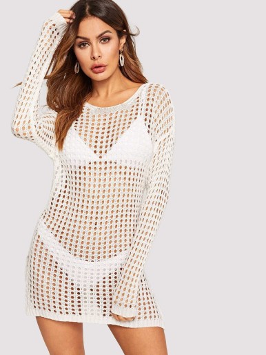 Drop Shoulder Crochet Eyelet Slit Hem Cover Up