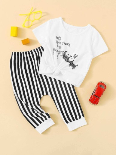 Toddler Boys Slogan Print Tee With Striped Pants