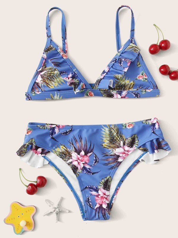 Girls Tropical Ruffle Triangle Bikini Swimsuit