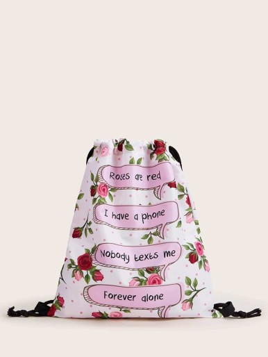 Letter & Floral Pattern Drawstring Backpack