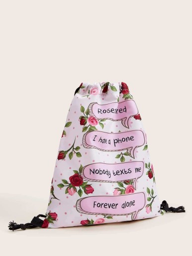 Letter & Floral Pattern Drawstring Backpack