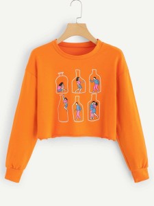 Neon Orange Figure Print Asymmetrical Hem Sweatshirt