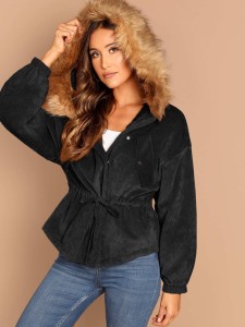 Drawstring Waist High Low Coat With Faux Fur Hoodie