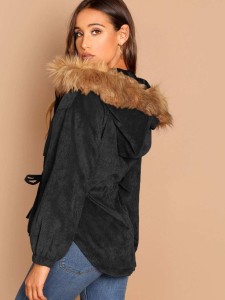 Drawstring Waist High Low Coat With Faux Fur Hoodie