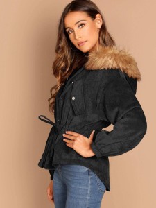 Drawstring Waist High Low Coat With Faux Fur Hoodie