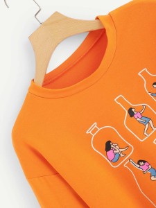 Neon Orange Figure Print Asymmetrical Hem Sweatshirt