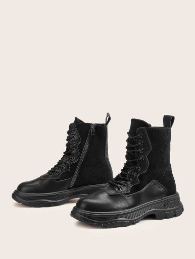 Lace-up Front Side Zip Suede Panel Boots