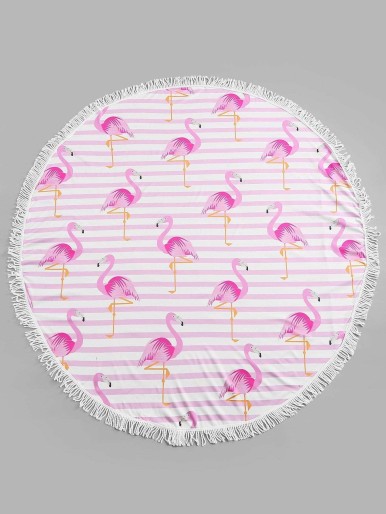 Flamingo Print Fringe Hem Beach Blanket