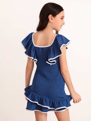Girls Contrast Binding Ruffle Detail Rib-knit Dress