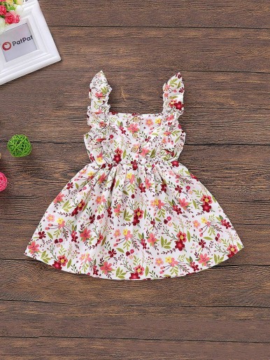 Baby Allover Floral Print Buttoned Back Straps Dress