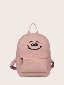 Girls Cartoon Embroidered Faux Shearling Backpack