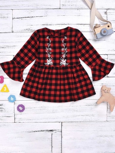 Toddler Girls Plants Embroidery Buffalo Plaid Babydoll Dress