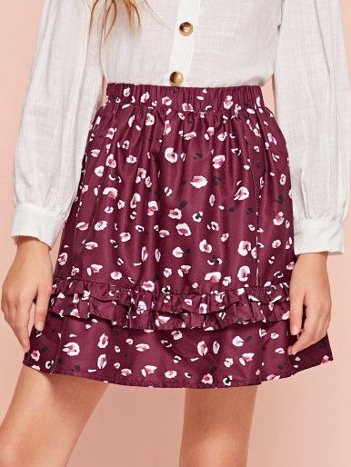 Girls Layered Ruffle Hem All Over Print Skirt