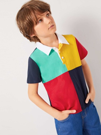 Boys Contrast Collar Color-block Polo Shirt