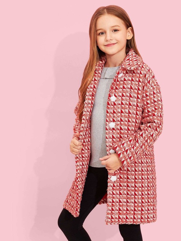 Girls Button Up Frayed Geo Coat