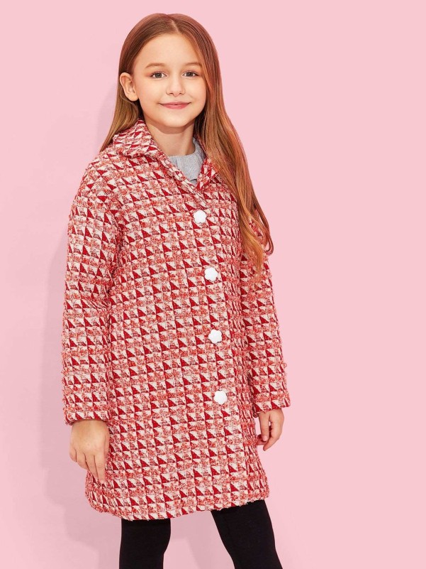 Girls Button Up Frayed Geo Coat