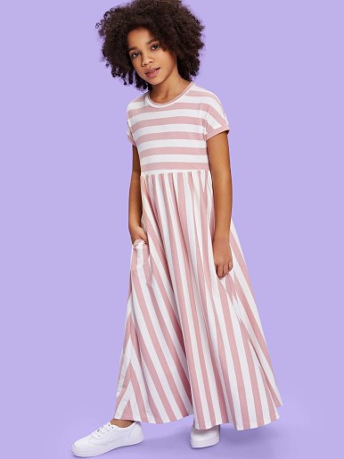 Girls Short Sleeve Striped Maxi Dress