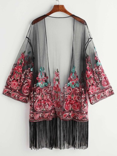 Fringe Trim Paisley Embroidered Mesh Kimono