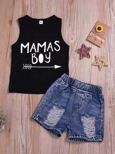 Toddler Boys Letter Print Tank Top With Ripped Denim Shorts