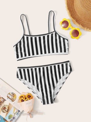 Girls Striped Top With High Waisted Bikini Set