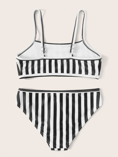 Girls Striped Top With High Waisted Bikini Set