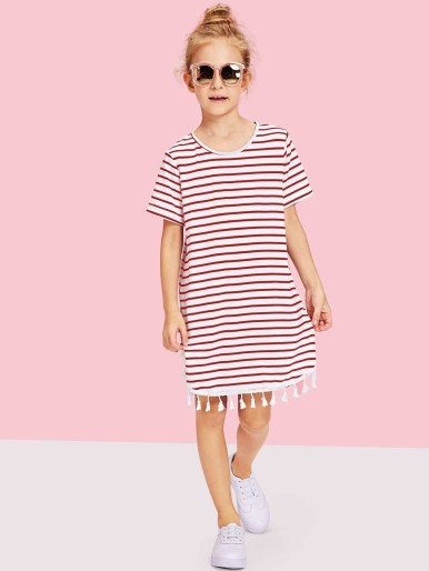 Girls Tassel Hem Striped Dress