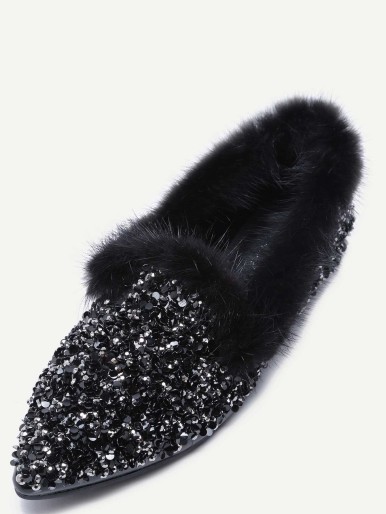 Black Sequin Point Toe Faux Fur Lined Flats