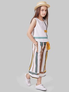 Girls Striped Wide Leg Pants With Printed Top
