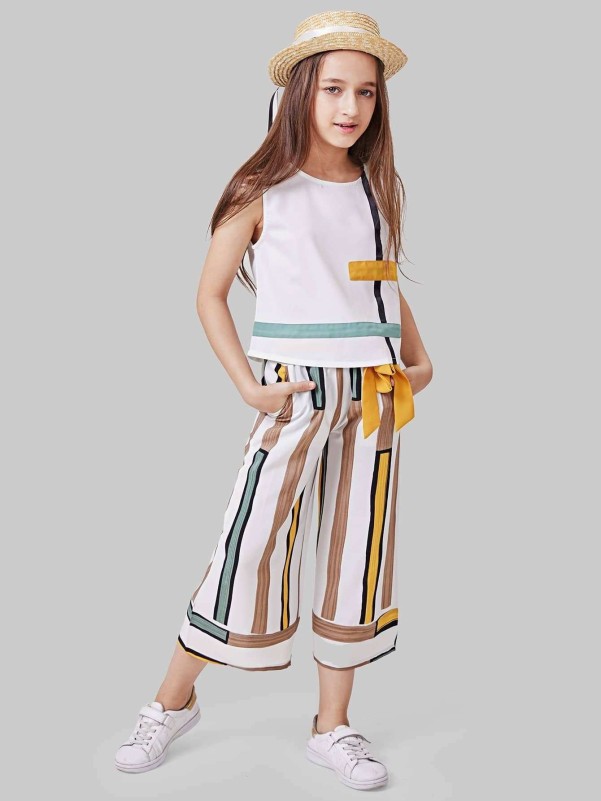 Girls Striped Wide Leg Pants With Printed Top