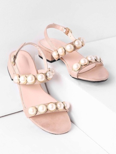 Faux Pearl Embellished Low Heeled Sandals
