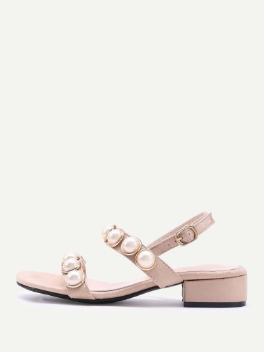 Faux Pearl Embellished Low Heeled Sandals