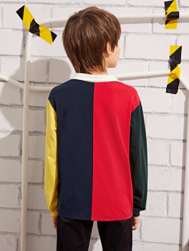 Boys Contrast Collar Slogan Print Colorblock Polo Shirt