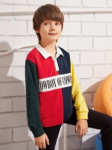 Boys Contrast Collar Slogan Print Colorblock Polo Shirt