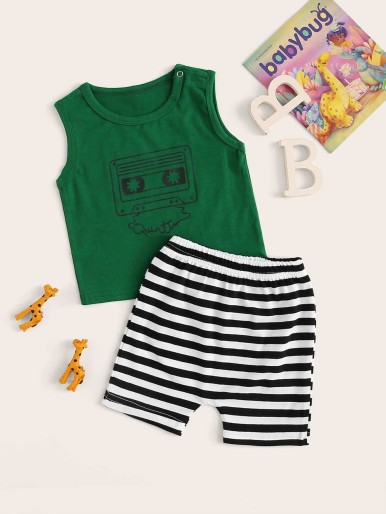 Baby Cartoon Print Tank Top With Striped Shorts